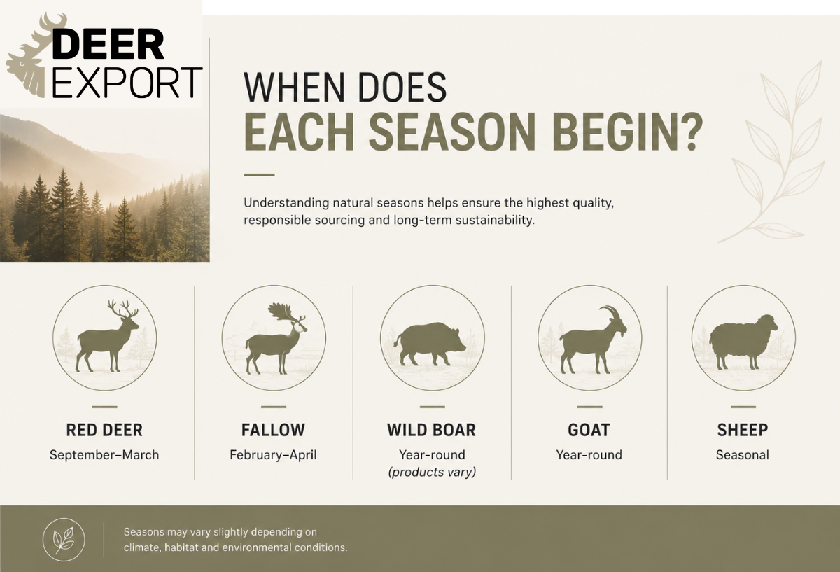 Horizontal infographic showing the start of the collection season for different natural animal products. It lists Red Deer (September–March), Fallow Deer (February–April), Wild Boar (year-round, products vary), Goat (year-round), and Sheep (seasonal), using a clean, earthy design with animal silhouettes and space for a company logo.