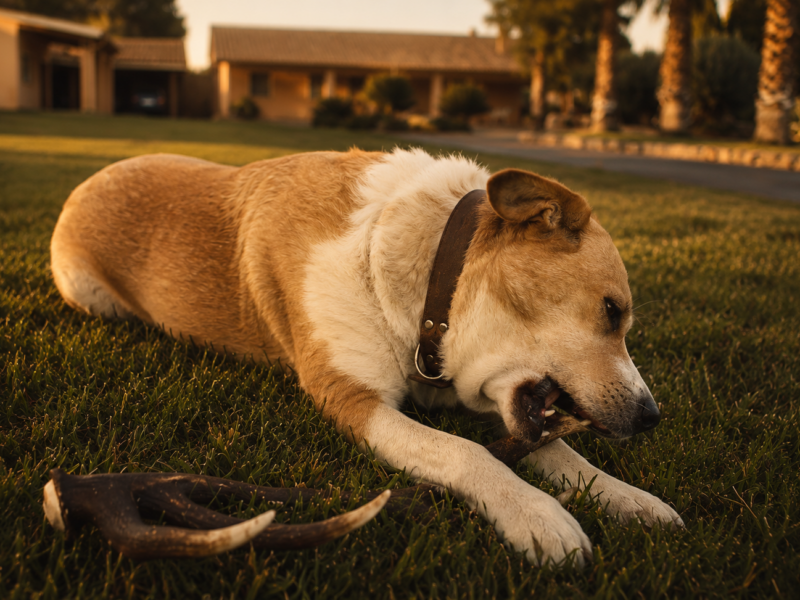 Dog chewing a natural premium deer antler chew on a lawn, demonstrating the durability and suitability of deer antlers for dogs of different sizes.