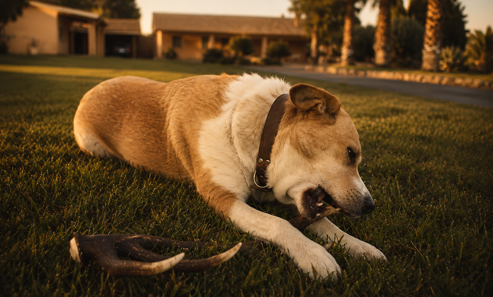 Dog chewing a natural premium deer antler chew on a lawn, demonstrating the durability and suitability of deer antlers for dogs of different sizes.