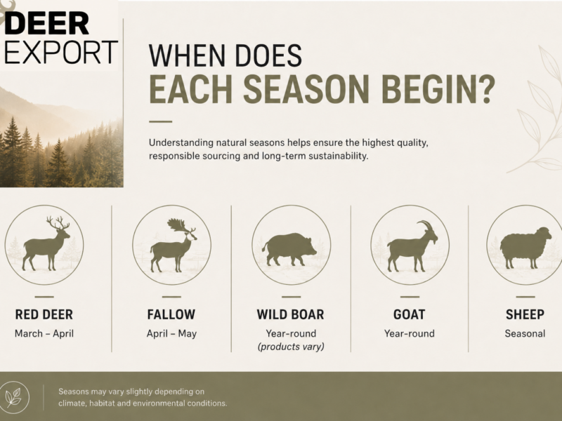 Horizontal infographic showing the start of the collection season for different natural animal products. It lists Red Deer (September–March), Fallow Deer (February–April), Wild Boar (year-round, products vary), Goat (year-round), and Sheep (seasonal), using a clean, earthy design with animal silhouettes and space for a company logo.