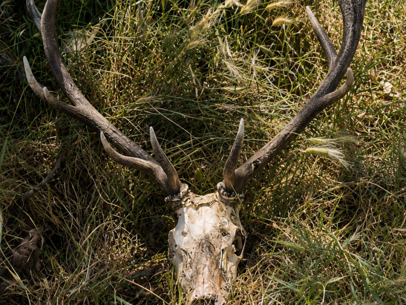 Naturally shed red deer antlers resting in a healthy Mediterranean forest, illustrating the natural origin of premium deer antlers and the importance of forest conservation.