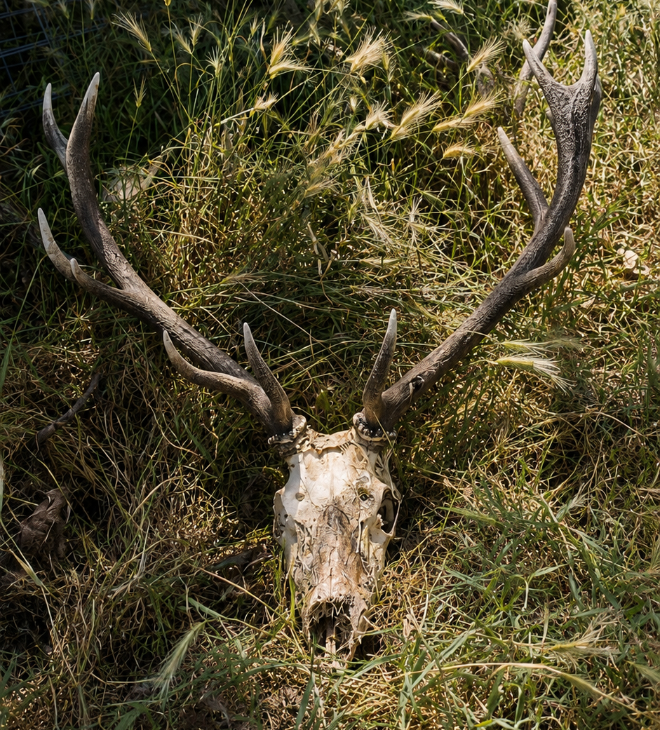 Naturally shed red deer antlers resting in a healthy Mediterranean forest, illustrating the natural origin of premium deer antlers and the importance of forest conservation.