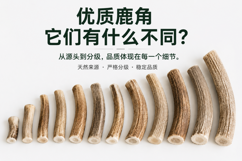 按尺寸排列的优质天然鹿角，适用于宠物天然咬胶产品。