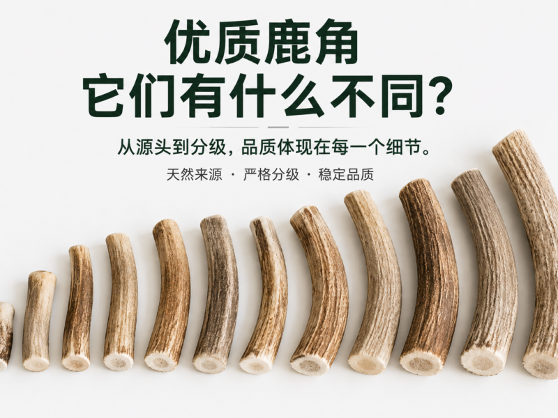 按尺寸排列的优质天然鹿角，适用于宠物天然咬胶产品。