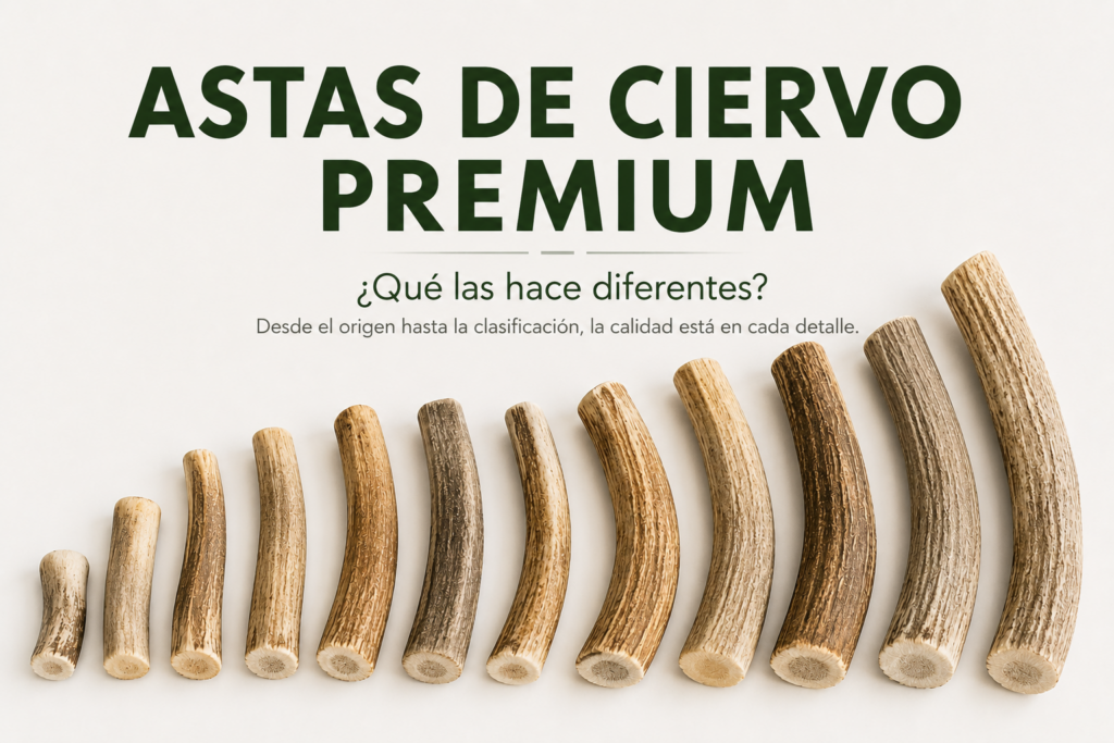 Astas de ciervo premium naturales clasificadas por tamaño para snacks masticables para perros.