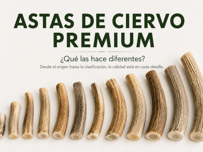 Astas de ciervo premium naturales clasificadas por tamaño para snacks masticables para perros.