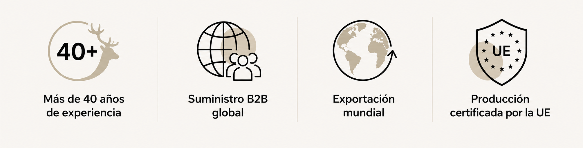 Banner de Deer Export que destaca más de 40 años de experiencia, suministro global B2B, exportación mundial y producción certificada por la UE.