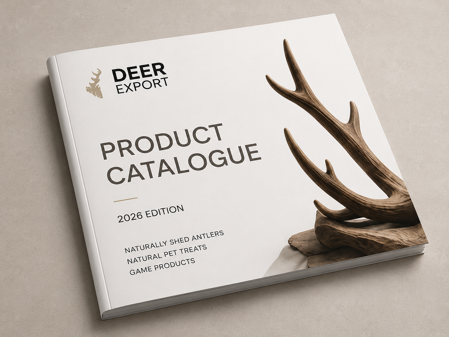 Deer Export Product Catalogue featuring naturally shed deer antlers and natural pet products for international B2B distributors.