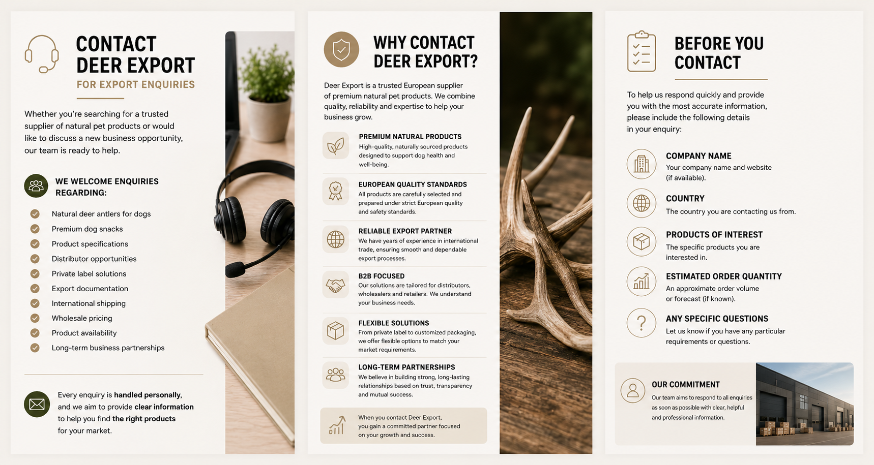 Contact Deer Export for export enquiries about premium natural pet products, private label solutions and international distribution.