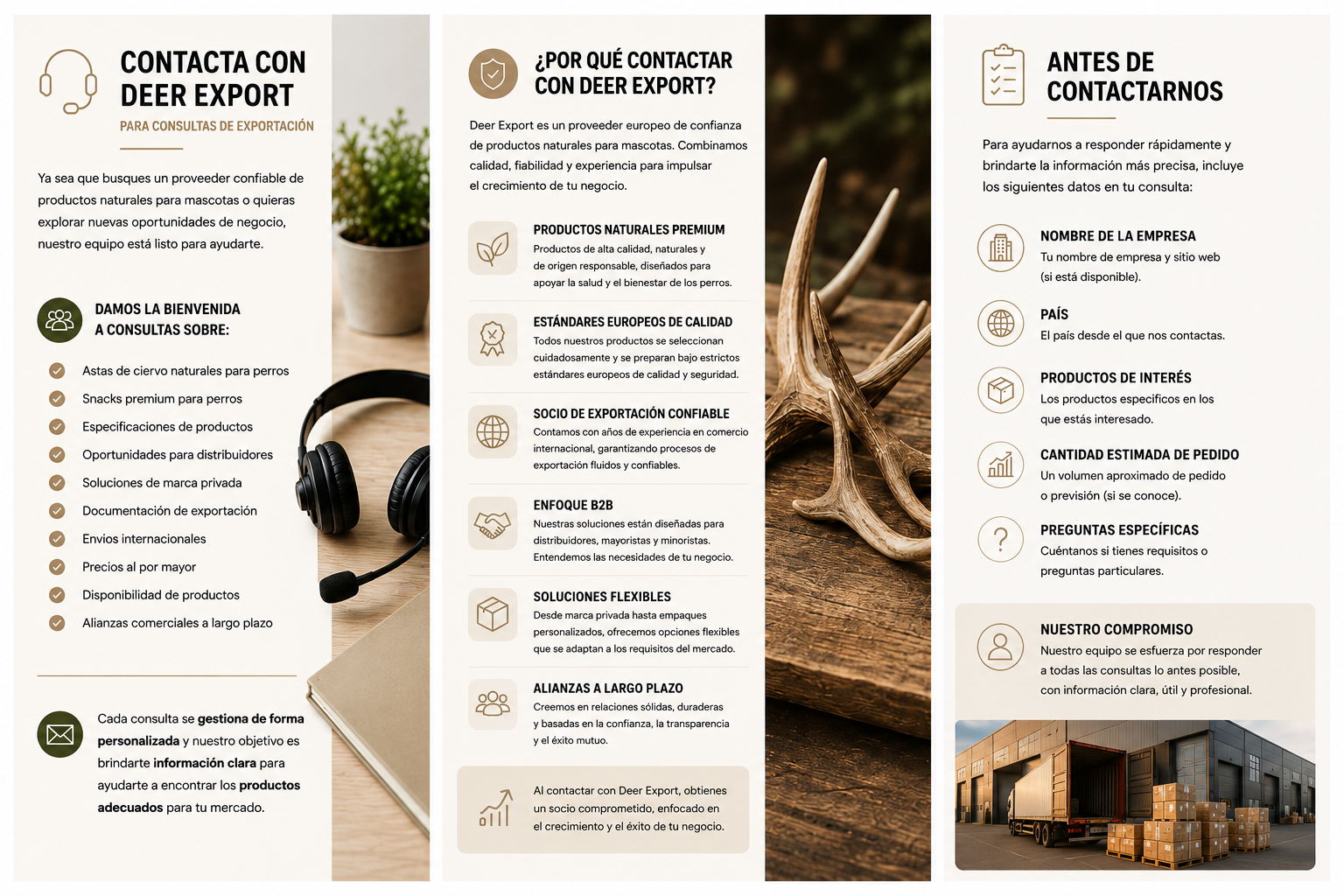 Infografía de contacto de Deer Export con información para consultas comerciales, exportación y distribución internacional de productos naturales para mascotas.