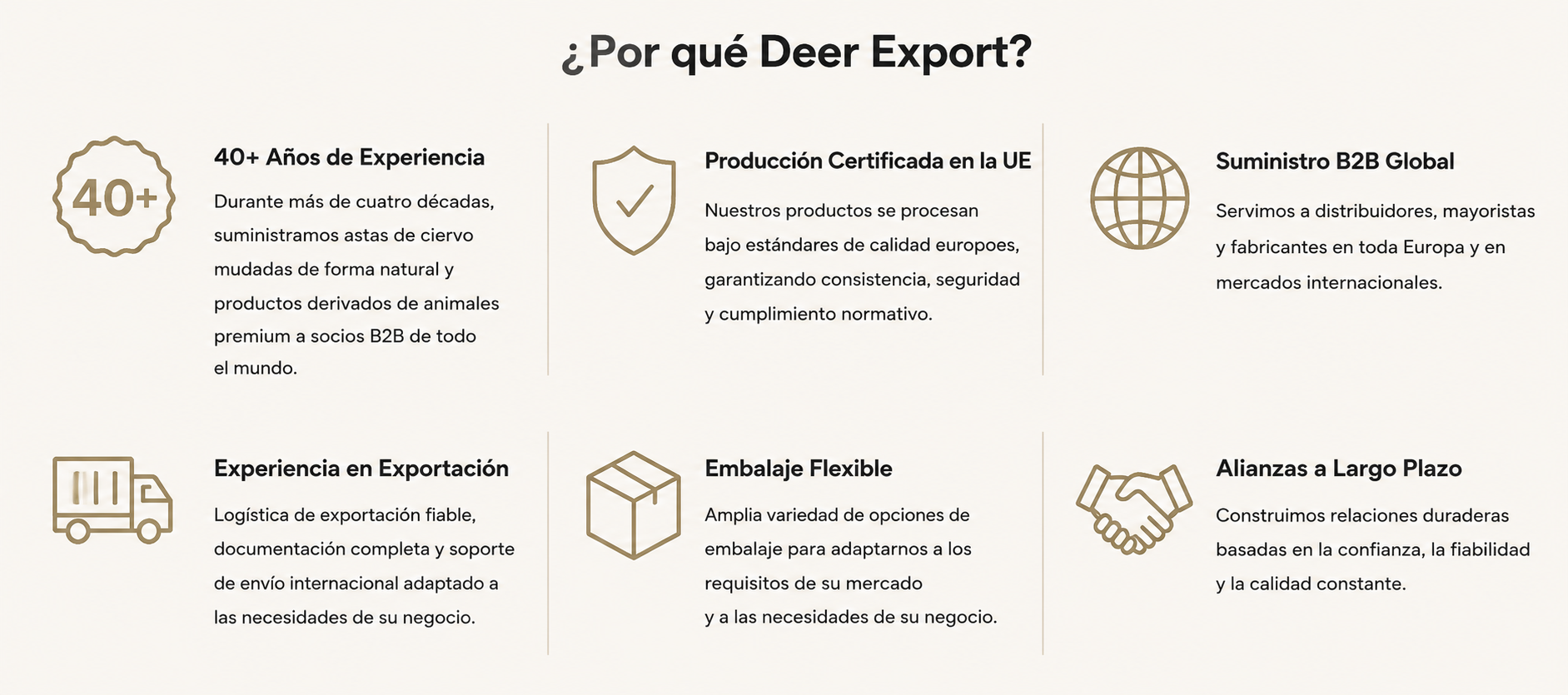 ¿Por qué elegir Deer Export? Resumen visual de las principales ventajas de la empresa, incluyendo experiencia, producción certificada en la UE, exportación internacional y soluciones de embalaje.