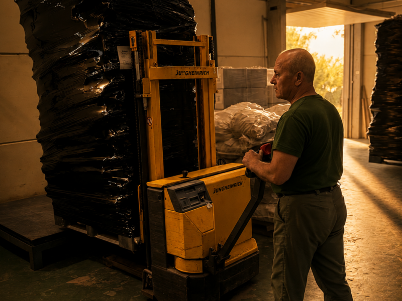 Deer Export employee preparing natural products for international shipment in the company's warehouse.