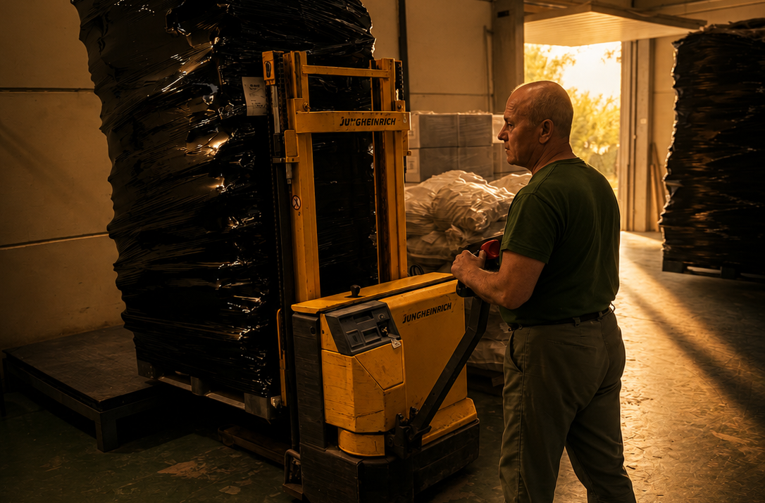Deer Export employee preparing natural products for international shipment in the company's warehouse.