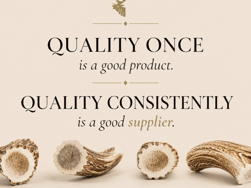 Editorial Instagram graphic featuring the message “Quality once is a good product. Quality consistently is a good supplier.” with Deer Export branding and a premium natural-products visual style.