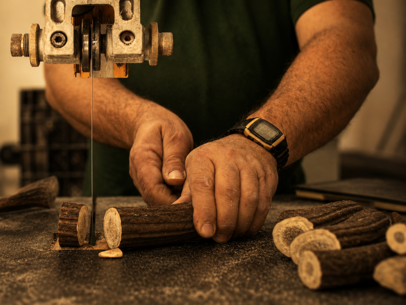 Close-up of deer antlers being cut during preparation for natural deer antler chews.