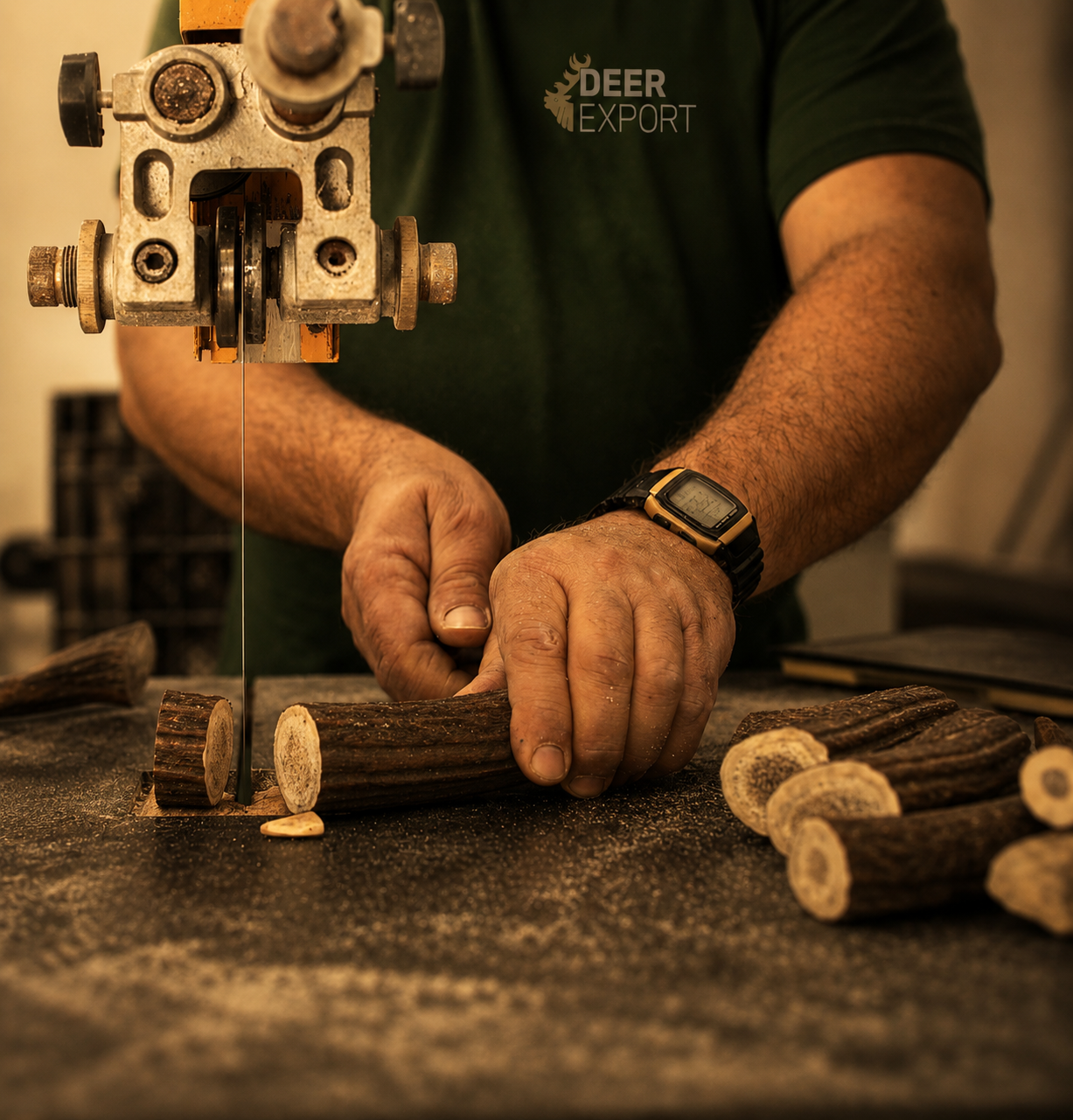 Close-up of deer antlers being cut during preparation for natural deer antler chews.