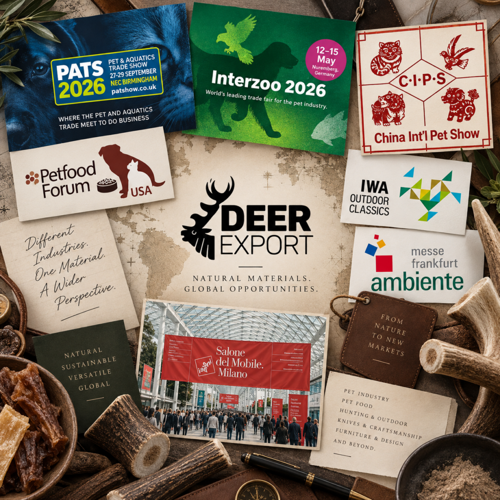 Deer Export trade fair collage featuring pet industry, pet food, hunting, knife, furniture and design events, with deer antlers and natural pet chews