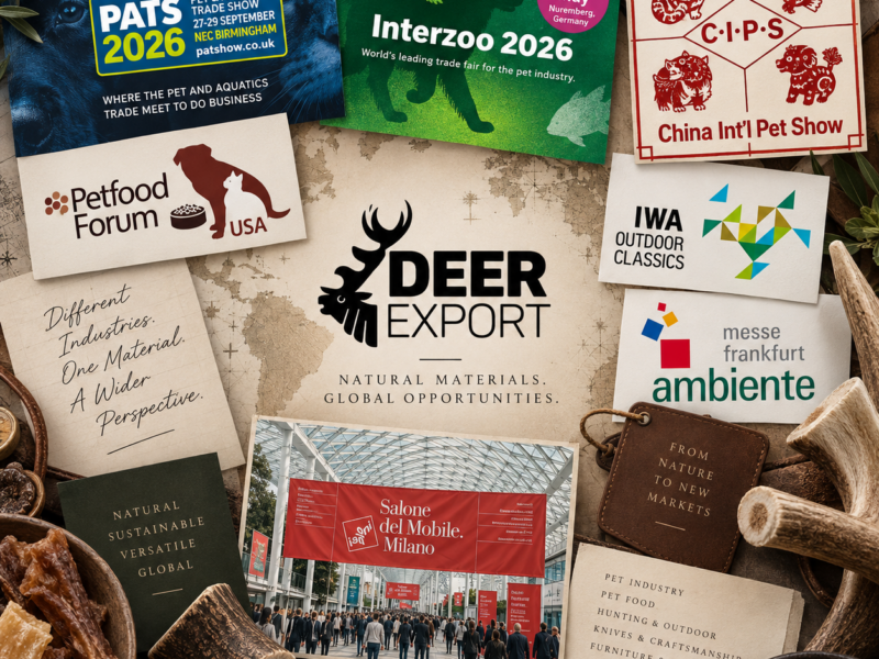 Deer Export trade fair collage featuring pet industry, pet food, hunting, knife, furniture and design events, with deer antlers and natural pet chews