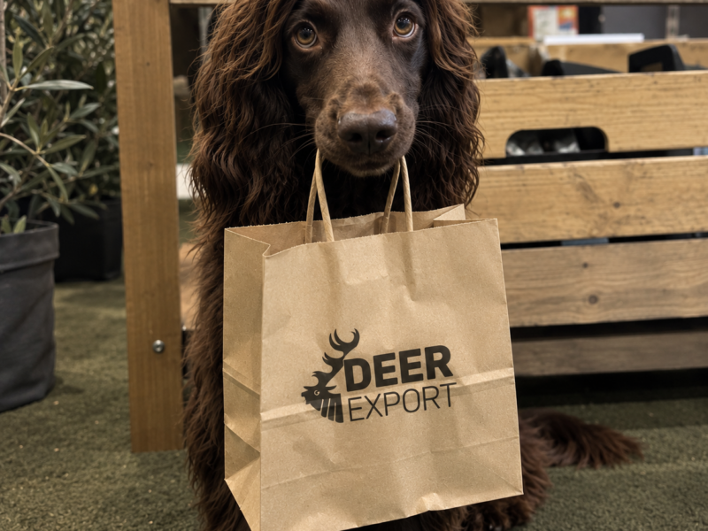 Photorealistic image of a dog holding a Deer Export branded deer antler product in its mouth
