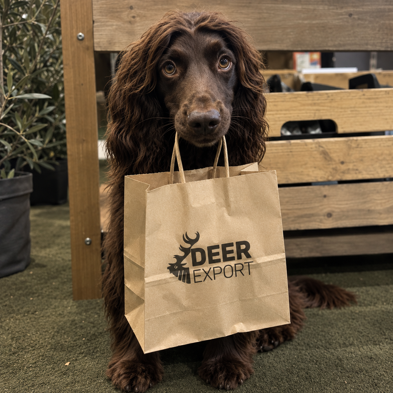 Photorealistic image of a dog holding a Deer Export branded deer antler product in its mouth