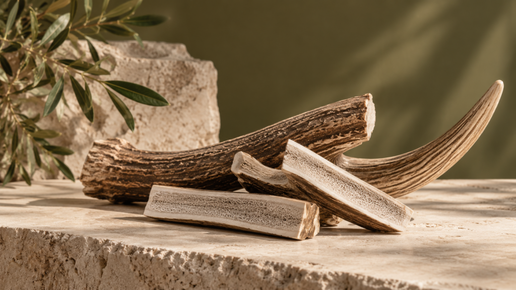 Natural deer antler chew on a premium neutral surface
