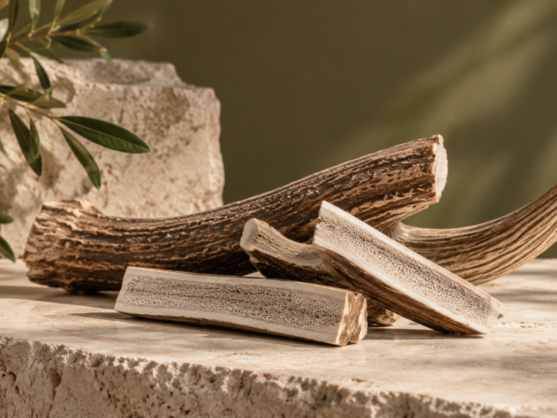 Natural deer antler chew on a premium neutral surface