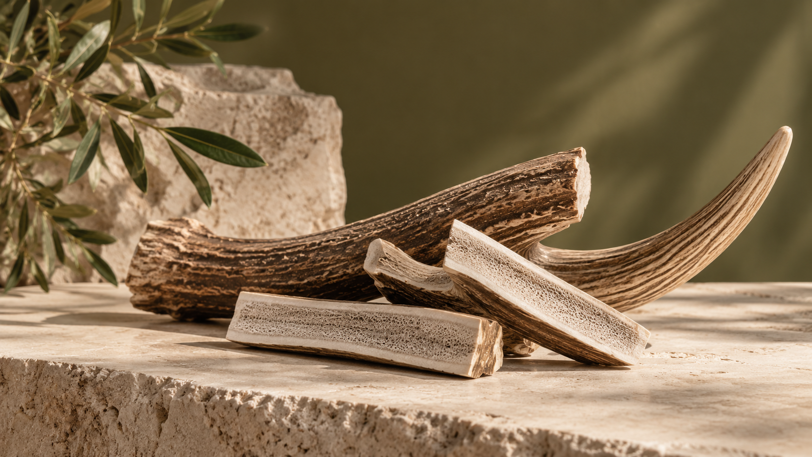 Natural deer antler chew on a premium neutral surface