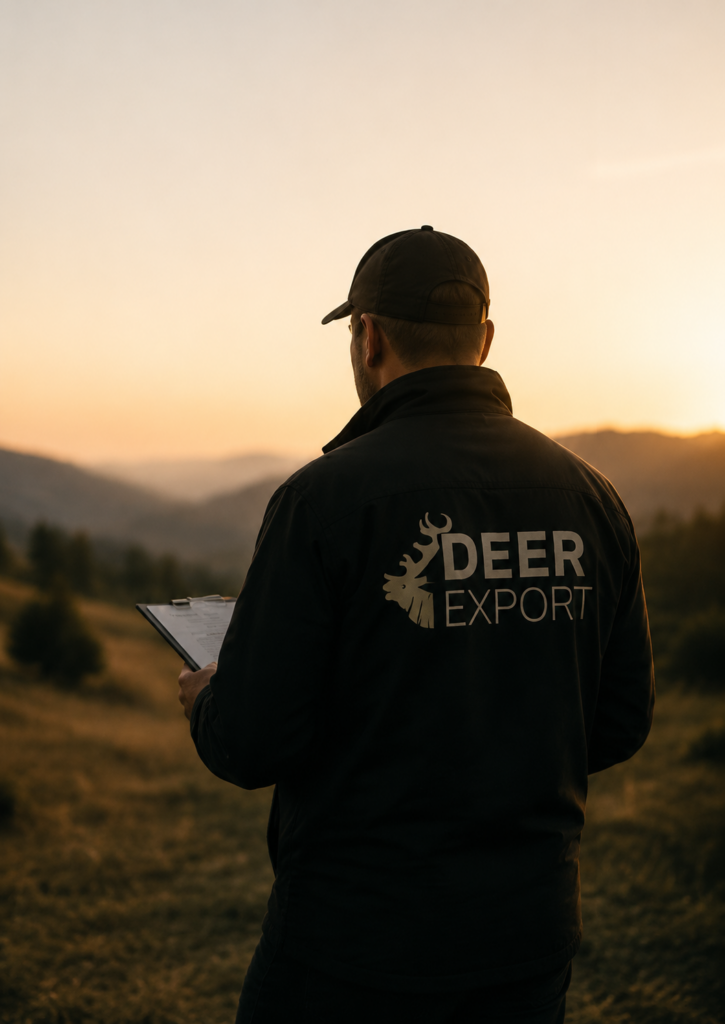 Deer Export team member standing in a natural landscape at sunset, wearing a branded jacket and holding a clipboard, representing professionalism, responsible sourcing and field-based work