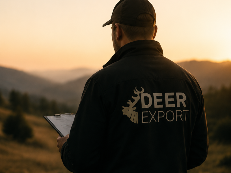 Deer Export team member standing in a natural landscape at sunset, wearing a branded jacket and holding a clipboard, representing professionalism, responsible sourcing and field-based work