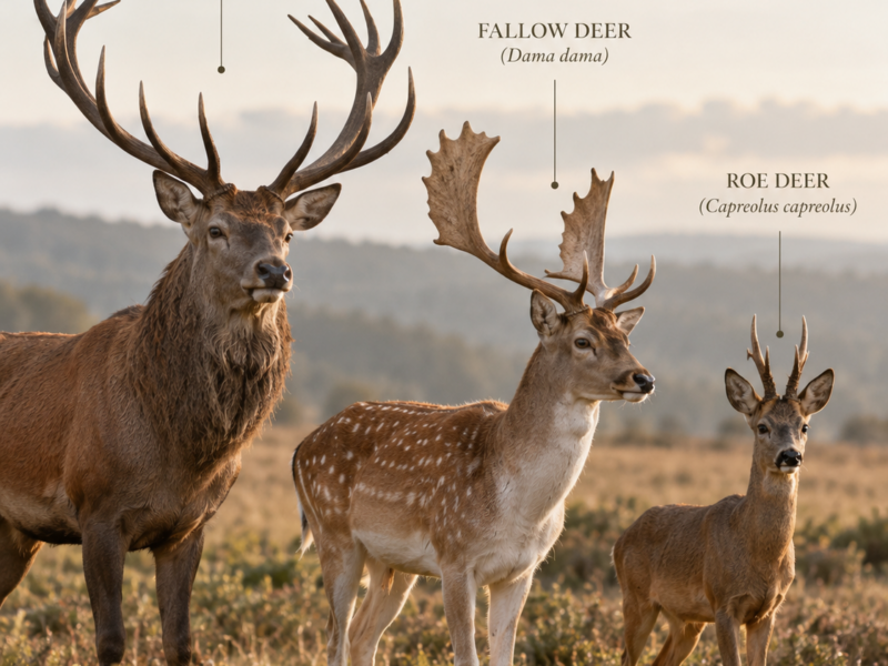 Red deer, fallow deer and roe deer antlers comparison