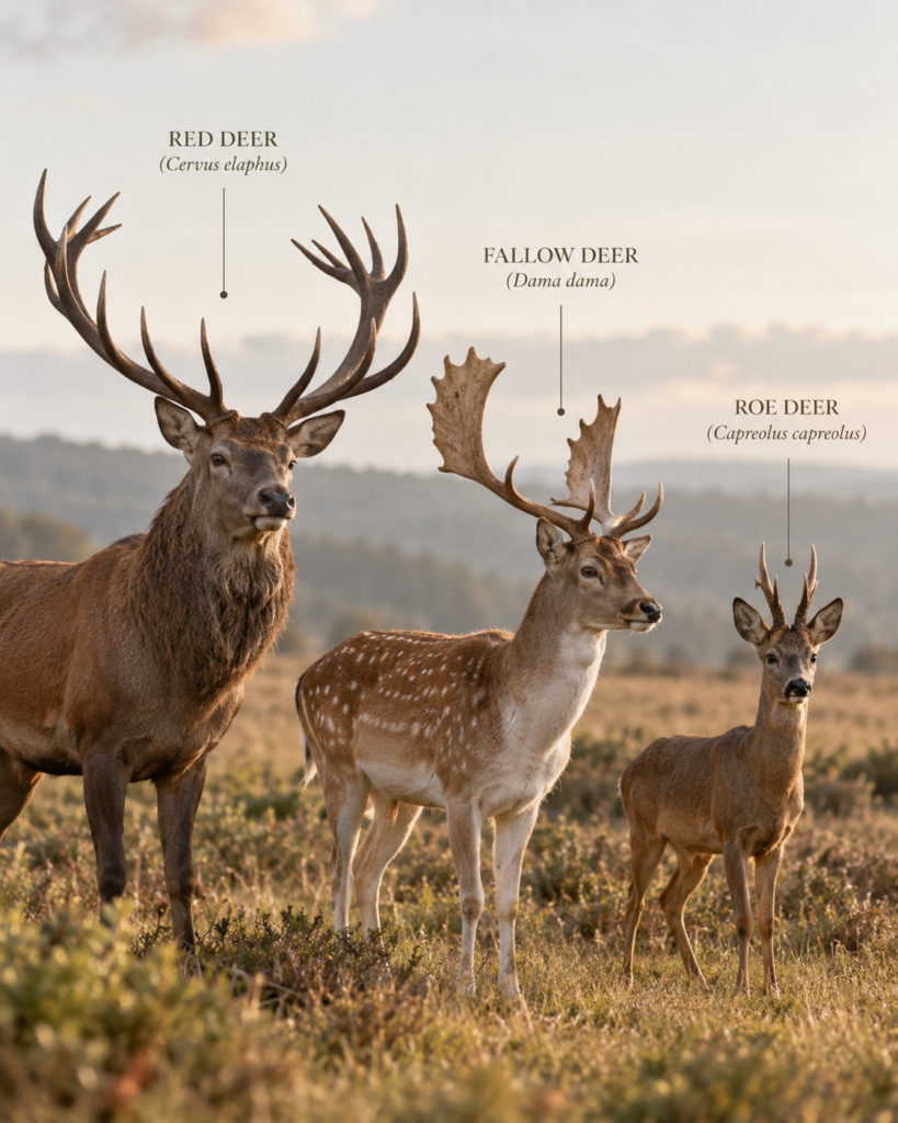 Red deer, fallow deer and roe deer antlers comparison