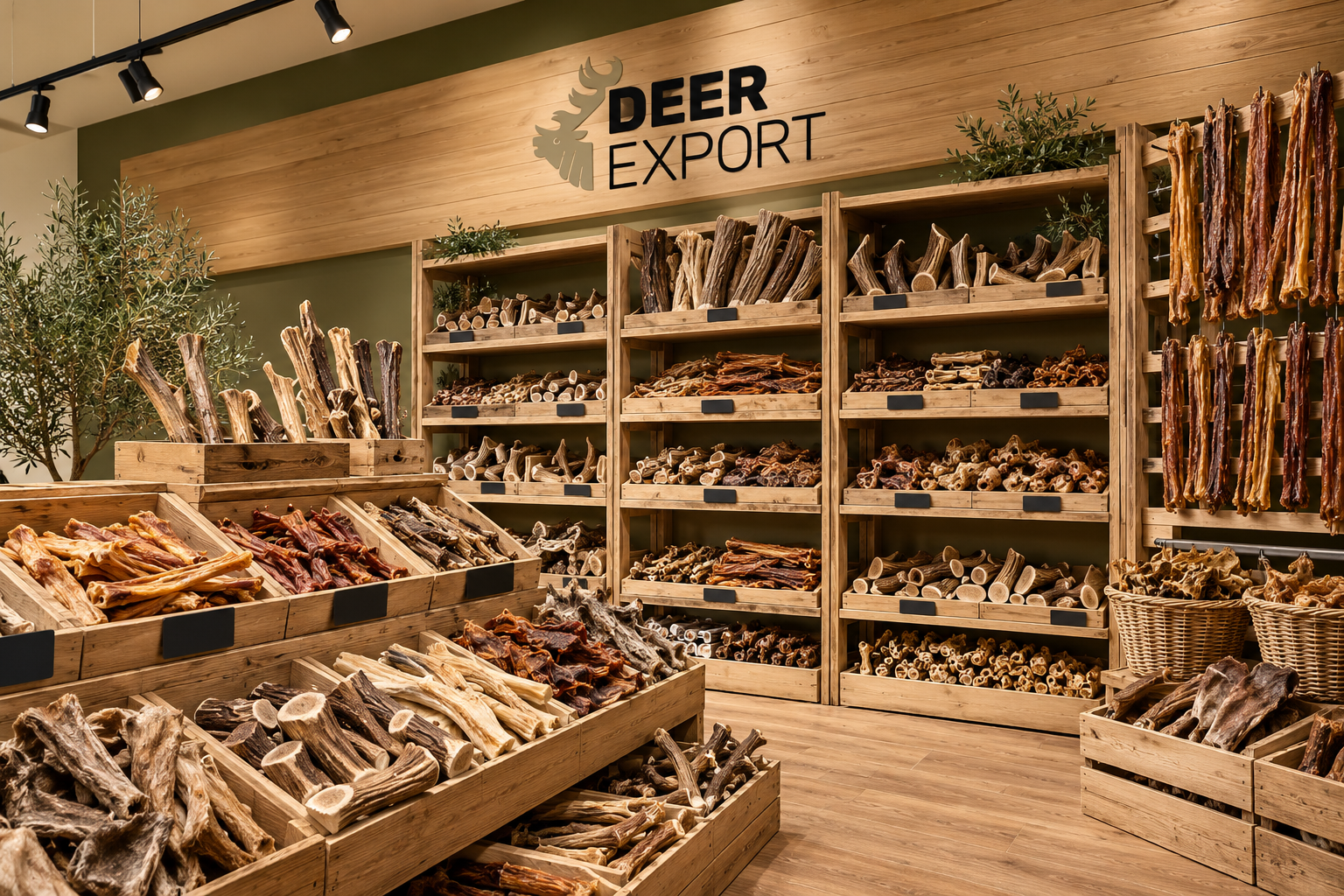 Expositor de mordedores naturales para perros, con astas de ciervo y otros productos masticables en estanterías de madera de DEER EXPORT
